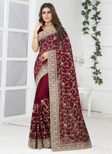 Maroon Georgette Embroidered Classic Designer Saree for Ceremonial