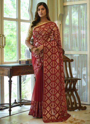 Maroon Georgette Embroidered Contemporary Saree