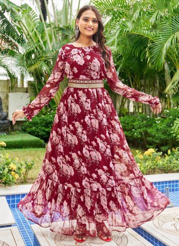 Maroon Georgette Printed Gown for Festival