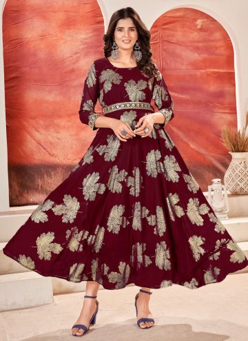 Maroon Gown in Faux Georgette with Foil Print