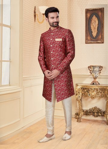 Maroon Indo Western in Jacquard with Embroidered