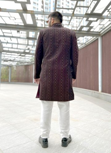 Maroon Indo Western Sherwani in Velvet with Embroidered