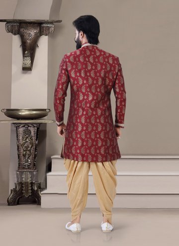 Maroon Jacquard Embroidered Indo Western Sherwani for Ceremonial