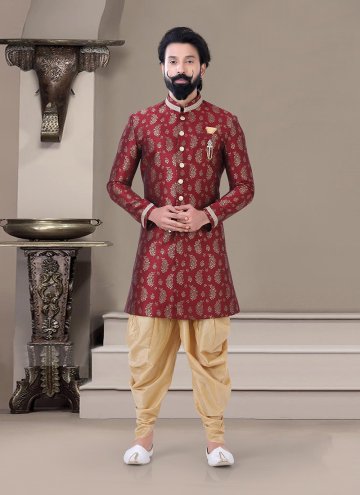 Maroon Jacquard Embroidered Indo Western Sherwani 