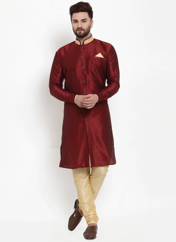 Maroon Kurta Pyjama in Banarasi with Plain Work