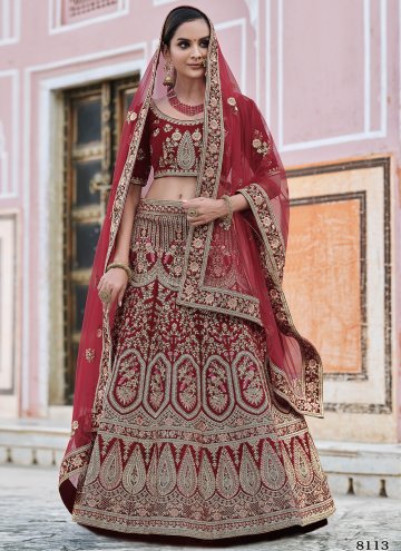 Maroon Lehenga Choli in Velvet with Embroidered