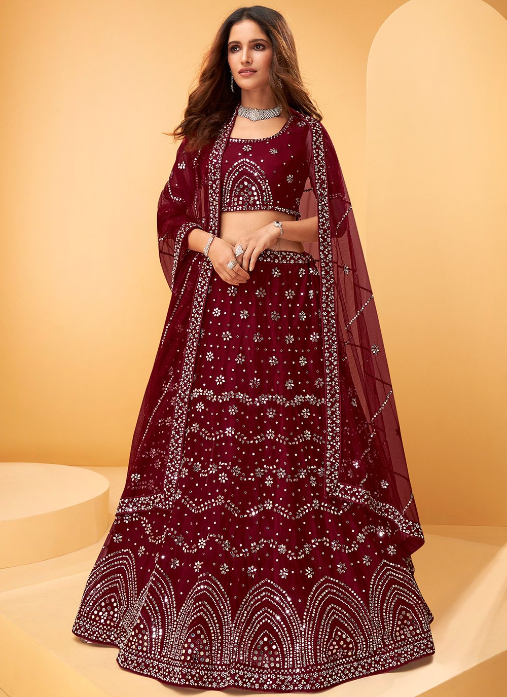 Maroon Net Embroidered A Line Lehenga Choli for Engagement