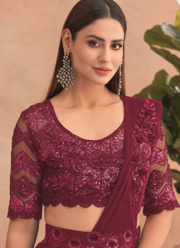 Maroon Net Embroidered Lehenga Style Saree for Engagement