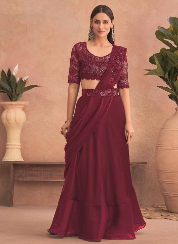Maroon Net Embroidered Lehenga Style Saree for Eng