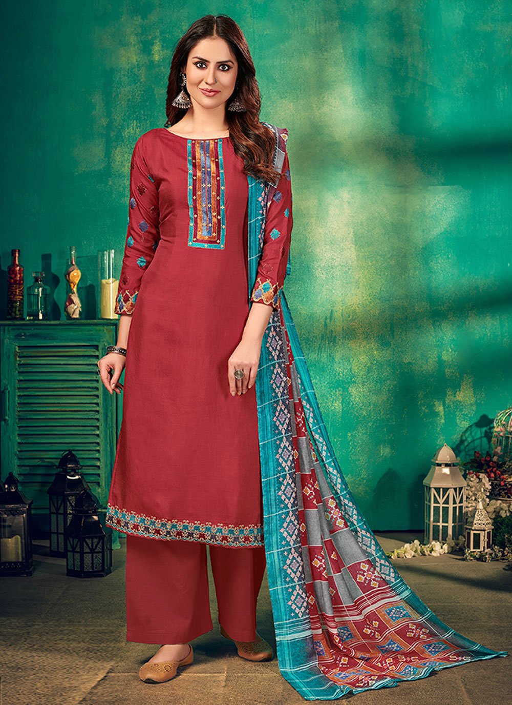 Maroon Pakistani Suit in Muslin with Embroidered