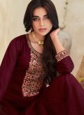 Maroon Palazzo Suit in Silk with Embroidered - 1