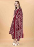 Maroon Pant Style Suit in Blended Cotton with Embroidered - 1