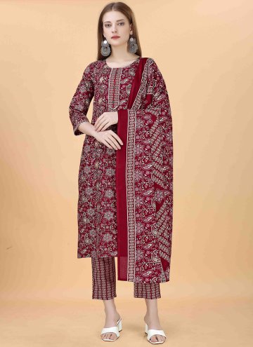 Maroon Pant Style Suit in Blended Cotton with Embroidered