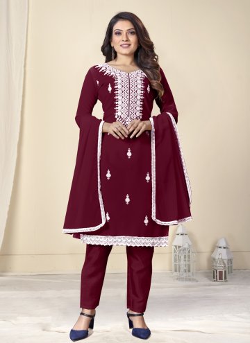 Maroon Pant Style Suit in Georgette with Lace