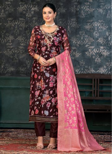 Maroon Pant Style Suit in Organza with Hand Work