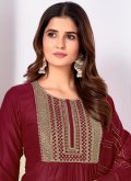 Maroon Pant Style Suit in Silk with Embroidered - 1