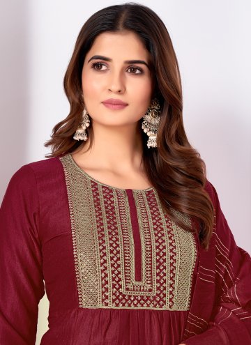Maroon Pant Style Suit in Silk with Embroidered