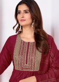 Maroon Pant Style Suit in Silk with Embroidered - 2