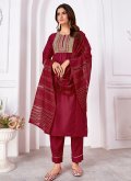 Maroon Pant Style Suit in Silk with Embroidered - 3