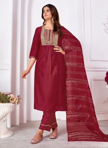 Maroon Pant Style Suit in Silk with Embroidered
