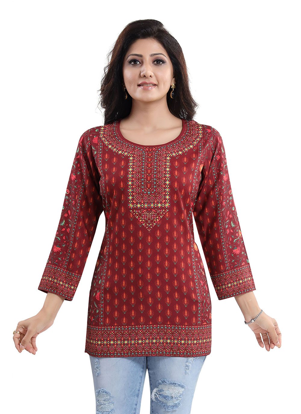 Maroon Party Wear Kurti in Faux Crepe with Print