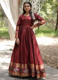 Maroon Readymade Designer Gown in Cotton  with Woven - 2