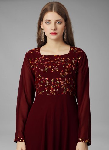 Maroon Readymade Designer Gown in Georgette with Embroidered