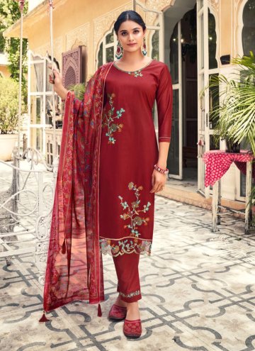 Maroon Silk Floral Print Salwar Suit for Ceremonia