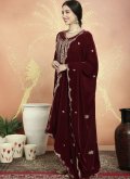 Maroon Velvet Embroidered Pant Style Suit for Ceremonial - 2