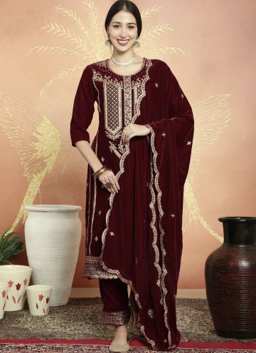 Maroon Velvet Embroidered Pant Style Suit for Ceremonial