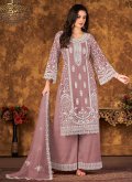 Mauve Net Embroidered Palazzo Suit - 1