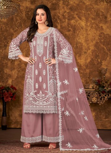 Mauve Net Embroidered Palazzo Suit