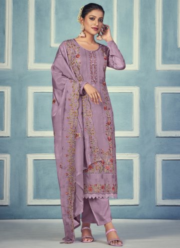Mauve Salwar Suit in Organza with Embroidered