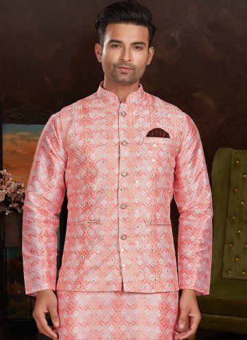 Mirror Work Silk Pink Nehru Jackets
