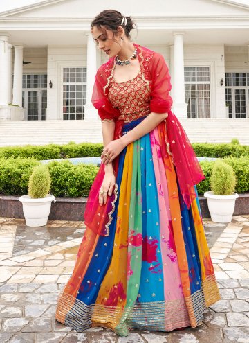 Multi Colour A Line Lehenga Choli in Faux Georgette with Embroidered