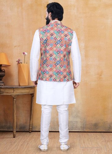 Multi Colour and Off White Kurta Payjama With Jacket in Lucknowi with Printed