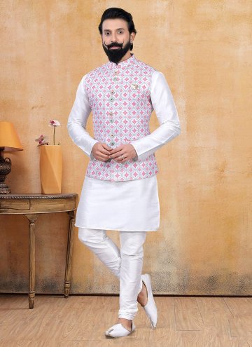 Multi Colour and Off White Lucknowi Printed Kurta Payjama With Jacket for Ceremonial