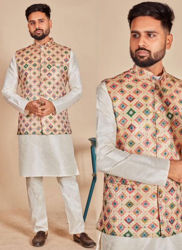 Multi Colour and Off White Silk Plain Work Kurta Payjama With Jacket