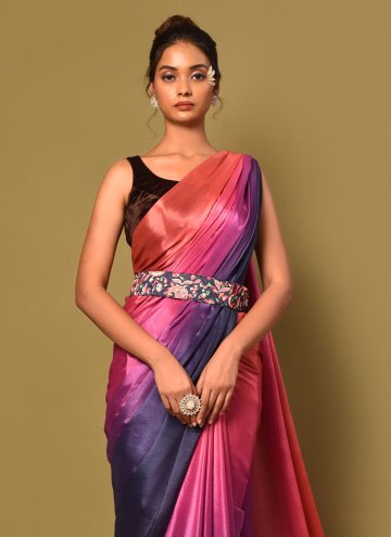 Multi Colour color Chinon Traditional Saree with Plain Work