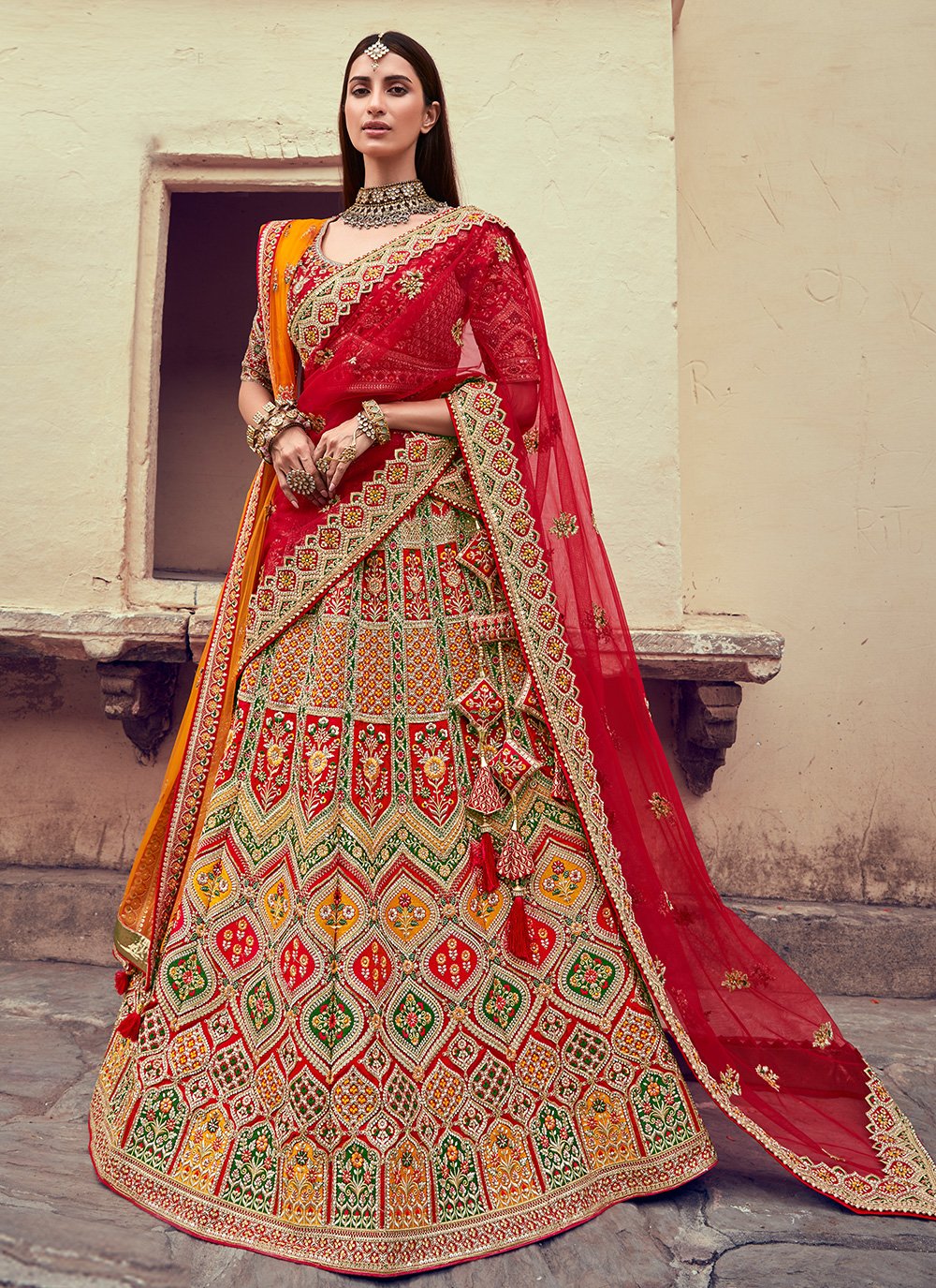 Multi Colour color Fancy Fabric Lehenga Choli with Embroidered