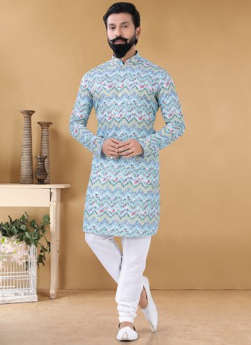 Multi Colour Kurta Pyjama in Cotton  with Printed