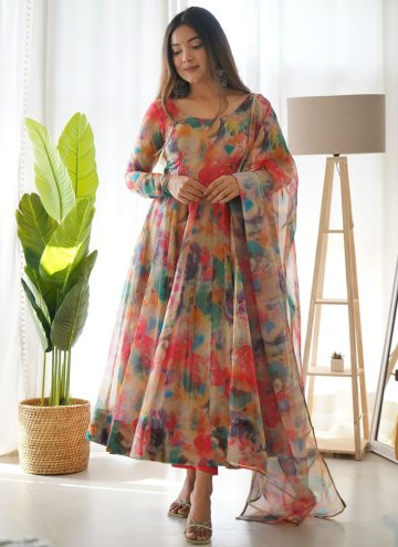 Multi Colour Organza Printed Readymade Anarkali Salwar Suit for Ceremonial