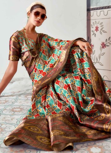 Multi Colour Tussar Silk Printed Trendy Saree for Festival
