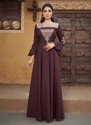 Muslin Designer Gown in Wine Enhanced with Embroidered