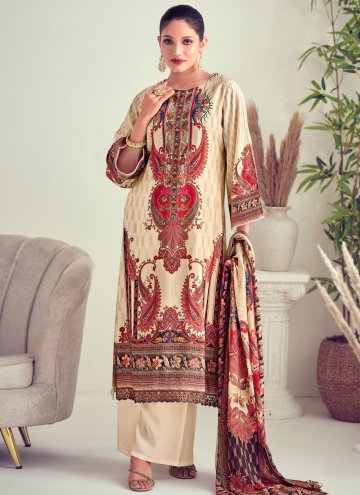 Muslin Pakistani Suit in Beige Enhanced with Digital Print
