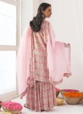 Muslin Palazzo Suit in Pink Enhanced with Floral Print - 1