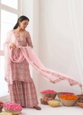 Muslin Palazzo Suit in Pink Enhanced with Floral Print - 2