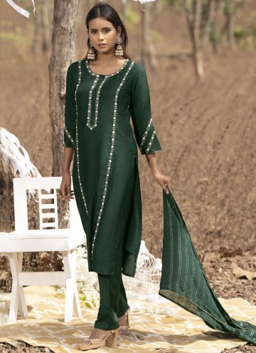 Muslin Pant Style Suit in Green Enhanced with Embroidered