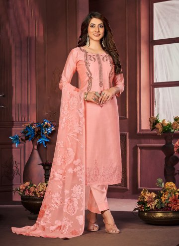 Muslin Pant Style Suit in Pink Enhanced with Embroidered