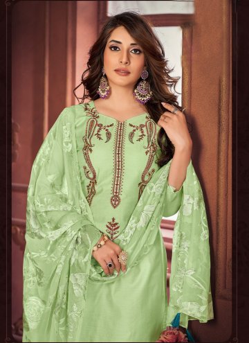Muslin Salwar Suit in Green Enhanced with Embroidered